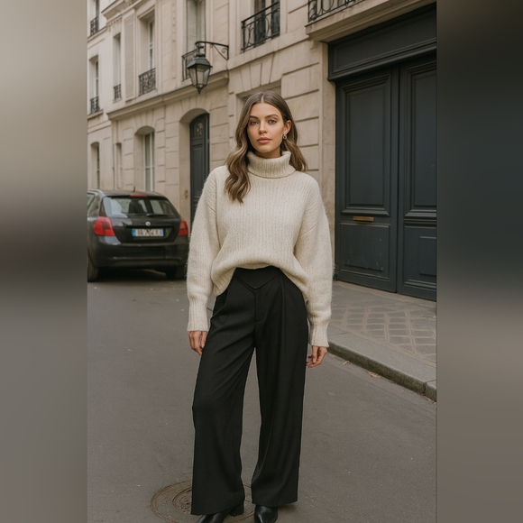 Zara Black Foldover Waist Wide Leg Trouser Pants Size Medium - Picture 1 of 6